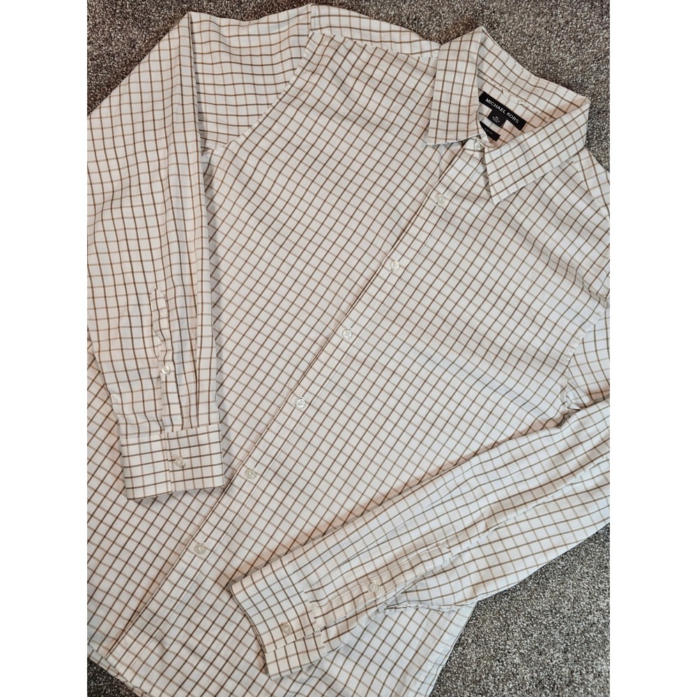 Michael Kors Mens‎ XL Slim Fit Windowpane Check Button Down Shirt Tan White